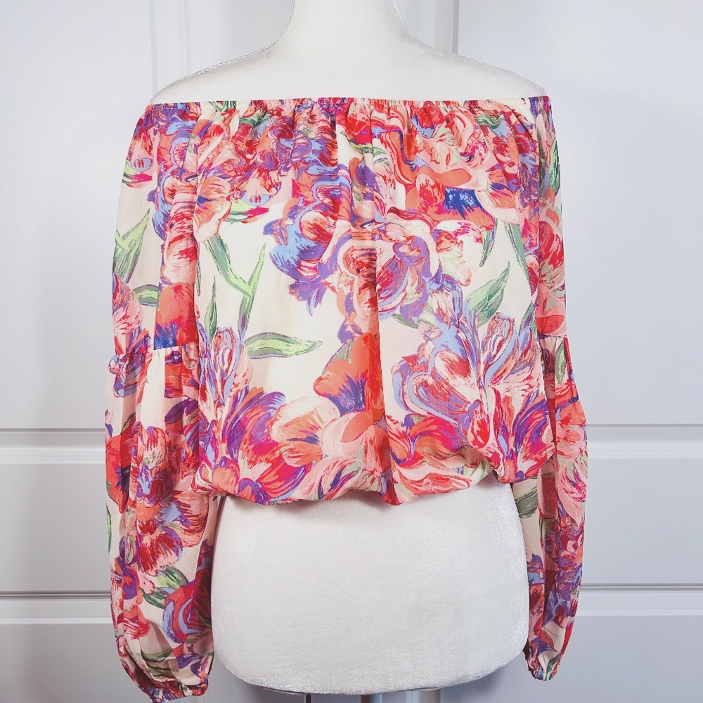Flying Tomato Crop Top Floral Off Shoulder Puff Ballon Sleeve Boho Fairy Flowy